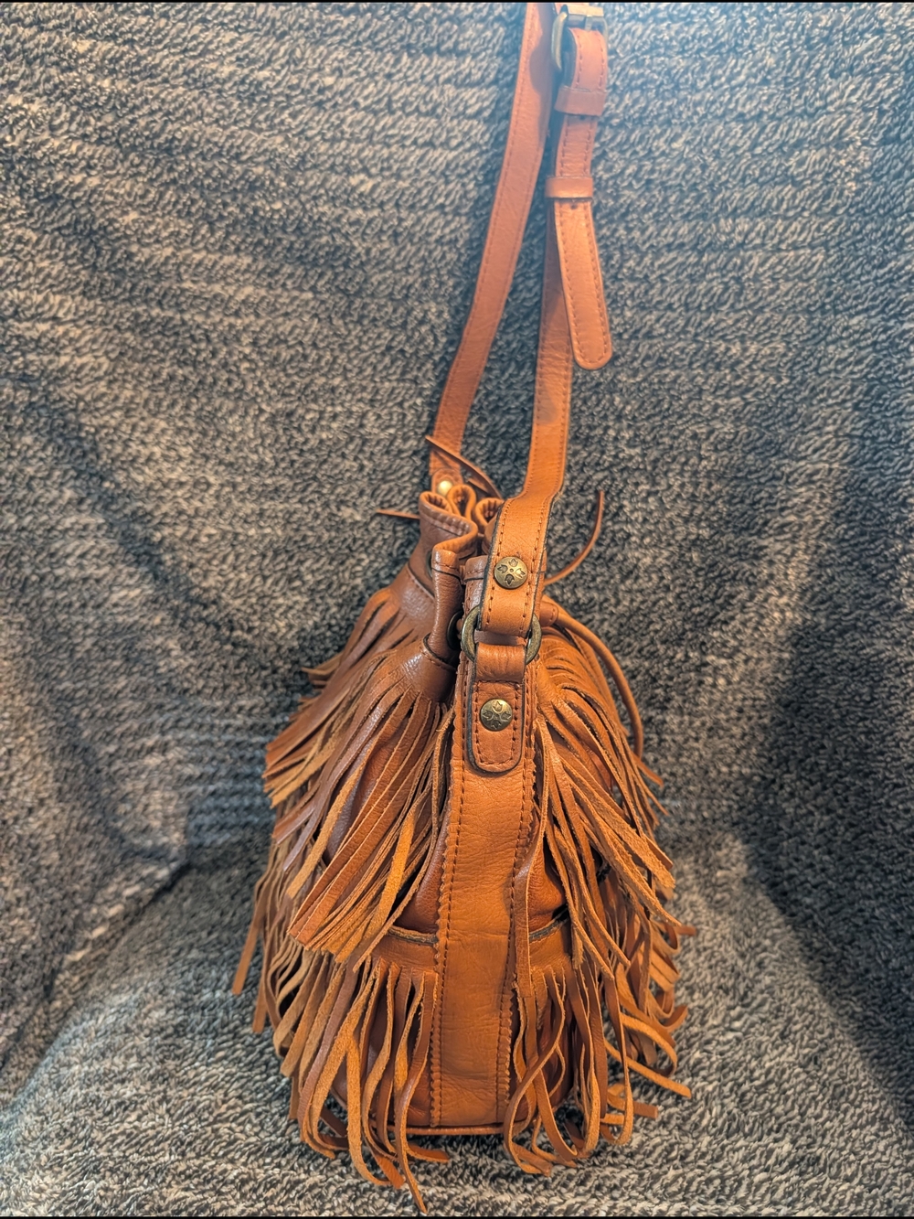 Patricia Nash Tan Leather Fringe Drawstring Crossbody - Picture 5 of 11